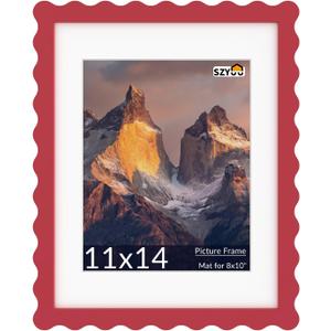 11x14 Wavy Picture Frame with Mat for 8x10, Real Glass and Wooden Frame - Tabletop or Wall Hanging Photo Frame(1 Pack, Red)