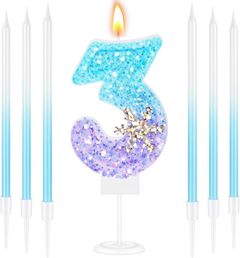 MTLEE Number 3 Birthday Candle Blue Snowflake with 6 Long Thin Cupcake Candles Blue Sparklers Glitter Number Happy Birthday Cake Topper Decorations for Winter Party Supplies
