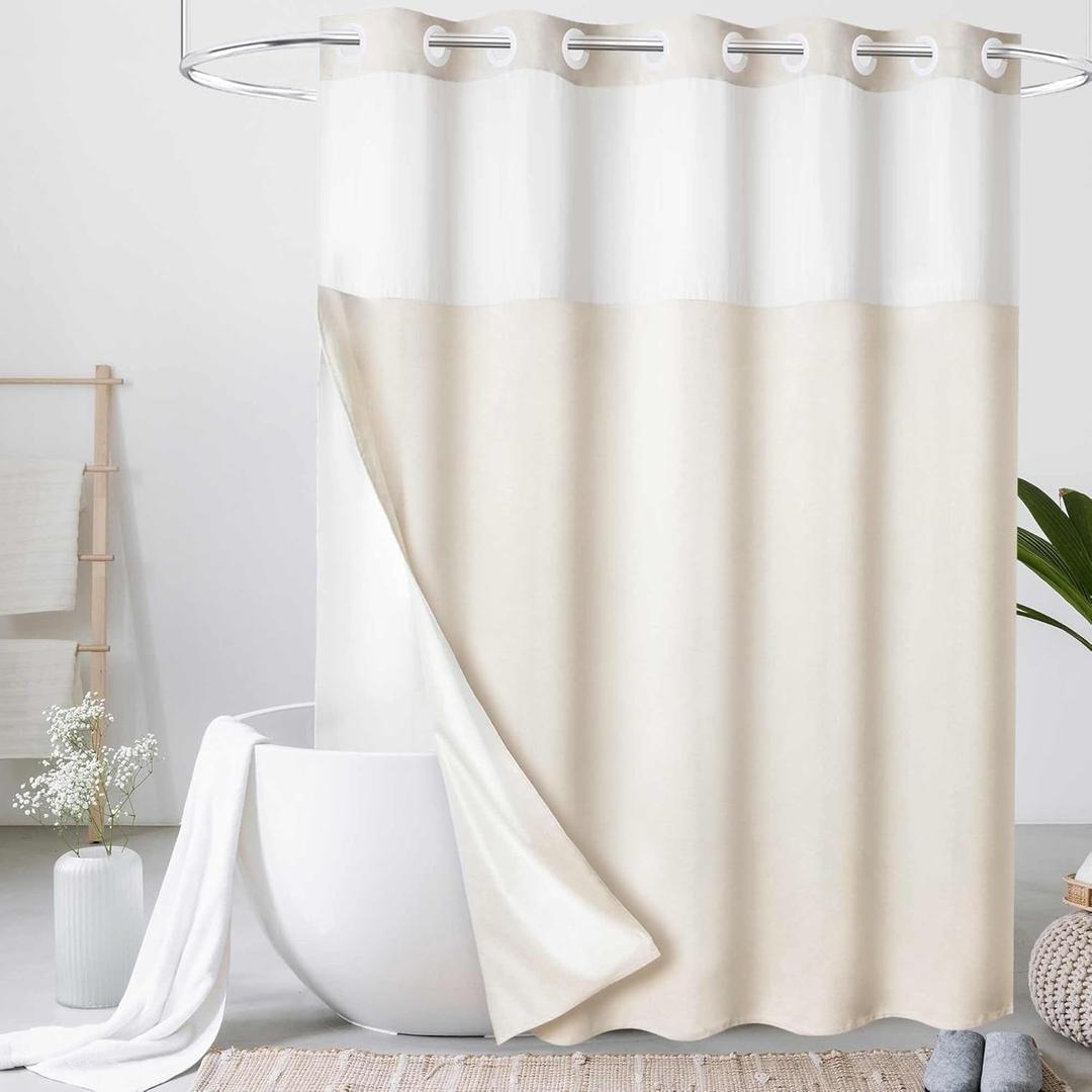 WELTRXE No Hook Shower Curtain with Snap in Liner, 230GSM Waterproof Fabric Hotel Luxury Weighted Bath Curtain with See Through Mesh Top Window, Machine Washable, 72 x 74 Inch, Beige