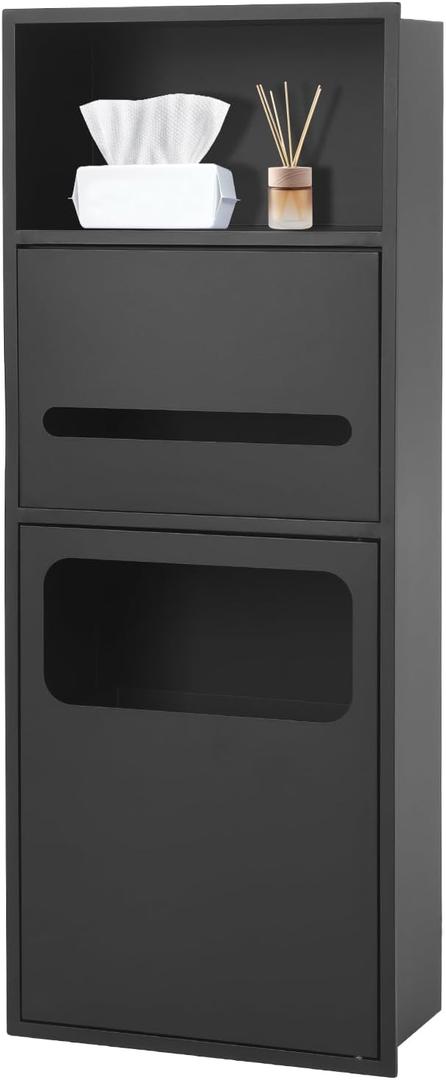Shower Niche, Recessed Waterproof Bathroom Niche, 304 Stainless Steel with Toilet Paper Holder for Bathroom Bedroom Office Kitchen, Black, 11 inches x 28 inches x 5.4 inches