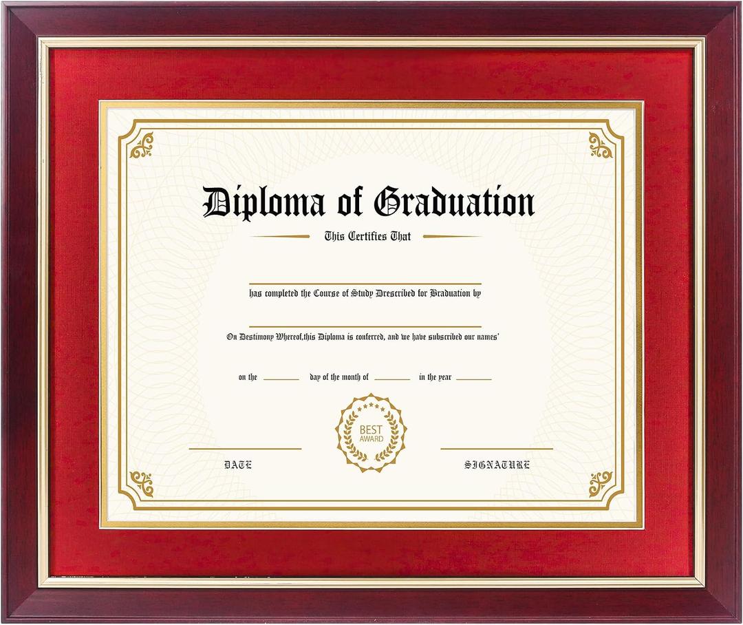 FramePro 11x14 Diploma Frame with Red over Gold Mat, 14x17 Certificate Frame, Real Wood with Gold Trim, Mahogany with Acrylic