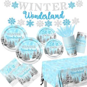 Winter Party Plates and Napkins,Blue Winter Wonderland Decorations Tableware 142pcs Snowflake Napkins and Plates Cups Tablecloth Banner for boy Winter Wonderland Birthday Decorations