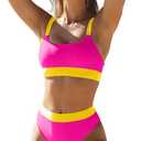 ZINPRETTY Women High Waisted Bikini Sets Color Block Swimsuits 2 Piece Bathing Suits Tummy Control Sporty Teens (Small, Neon Rose)