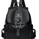 Anti-theft Backpack Purse for Women Black Woven Vegan PU Leather Backpack Ladies Fashion Knapsack Durable Trendy Security Crossbody Shoulder Bag Handbag Purse for Travel Hiking Bag - Small
