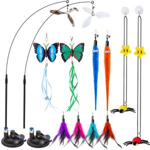 3-in-1 Cat Wand Toys,12Pcs Interactive Cat Feather Toys for Indoor Self Play & Exercise,2 Reusable Strong Suction Cups,2 Hanging Spider Toys for Kitten