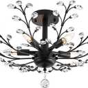 Modern 5 Light Small Crystal Chandelier 30 Inch Black Semi Flush Mount Ceiling Light Fixture for Kitchen Dining Room Bedroom Entryway Living Room Hallway, E12