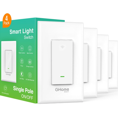 GHome Smart Smart Switch, 2.4Ghz Wi-Fi Light Switch Compatible with Alexa, Google Home, Neutral Wire Required, Single-Pole,UL Certified,Voice Control and Timer,No Hub Required,4pack, White (SW5-4)
