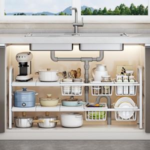 Fliqor Under Sink Organizer，2 Tier Expandable Heavy Duty Metal Shelf，with 5 Removable Panels and 5 Storage Basket for Under Kitchen Bathroom Sink Organizers and Storage (White, X-Large)