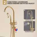 Brushed Gold Freestanding Tub Faucet, 360° Swivel Floor Mounted Bathtub Filler with High-Pressure Handheld Spray, Solid Brass Vintage Telephone Shower Combo for Clawfoot Soaking Tubs, flexible 59-inch (150cm) stainless steel hose