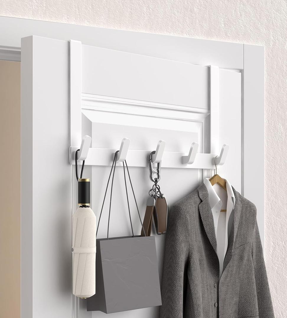 Over The Door Hooks Hanger with Extended Arms,L7U, Fits 1 3/8" Doors - Coat Rack, Bathroom Accessories and Towel Organizer Holder for Coat Robe Hat - 1 Pack, Glossy White
