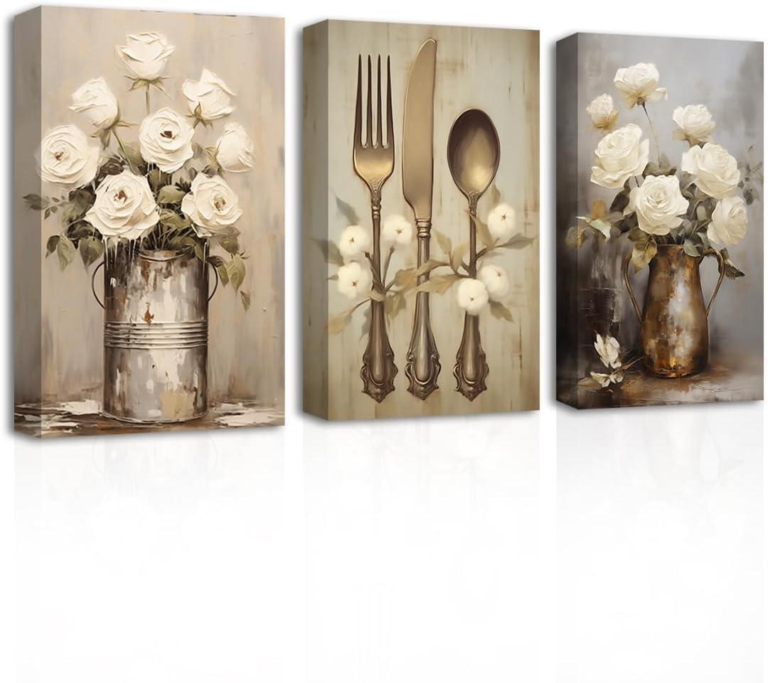 CXHOSTENT Farmhouse Kitchen Wall Art 3 Piece Rustic Flower Canvas Prints Country Tableware Pictures Wall Decor Vintage Kitchen Framed Artwork (16.00"x24.00"x3P)