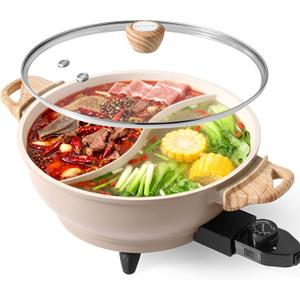 TWIN Electric Hot Pot with Divider | PFAS-Free Ceramic Nonstick Pot | EvenHeat Cast Aluminum Body | 1500W Fast Heating | Dual-Flavor Shabu Shabu Pots | Ceramic Apricot