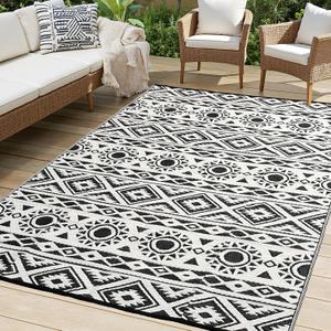 Outdoor Rug Waterproof 5x8 ft, Reversible Outdoor Plastic Straw Rug Patio Rug, RV Rugs for Outside, Outdoor Carpet for Patio Camping Deck Balcony Backyard, Black & White