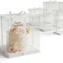 BOARDS+ 10 Inch Clear Cake Boxes (3 Pack) + Satin White Ribbon | Sturdy Beautiful Cake Carrier For 8 Inch Cakes & Gift Box