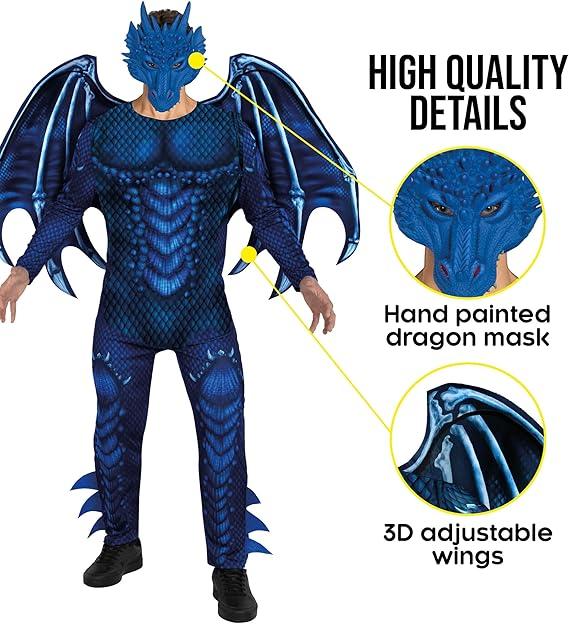 Morph Dragon Costume Adult (2 Colors),Mens Dragon Costume for Adults Jumpsuit Halloween Costumes for Men (X-Large, Blue)