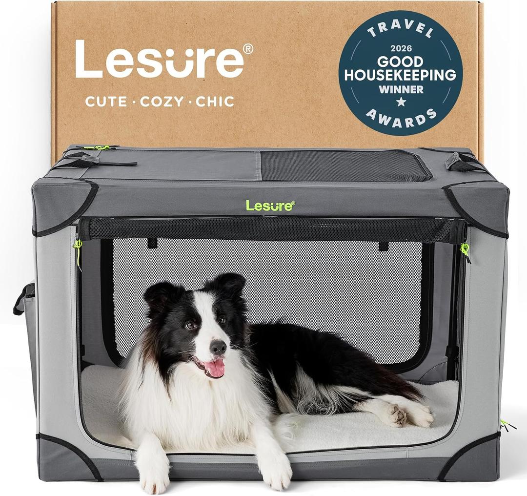Lesure Shown on TODAY Show Soft Collapsible Dog Crate - 36 Inch Portable Travel Crate for Large Dogs Indoor & Outdoor, 4-Door Foldable Pet Kennel with Mesh Windows, Grey