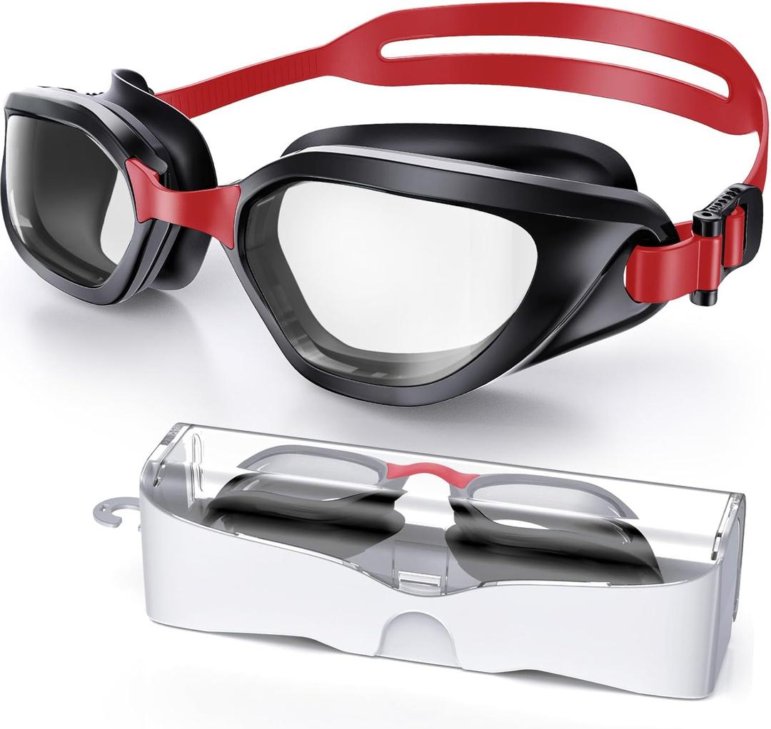 Swim Goggles, Unisex Adult Swimming Goggles Anti Fog Anti UV No Leakage Wide View for Men Women Youth (Black Red/Clear)