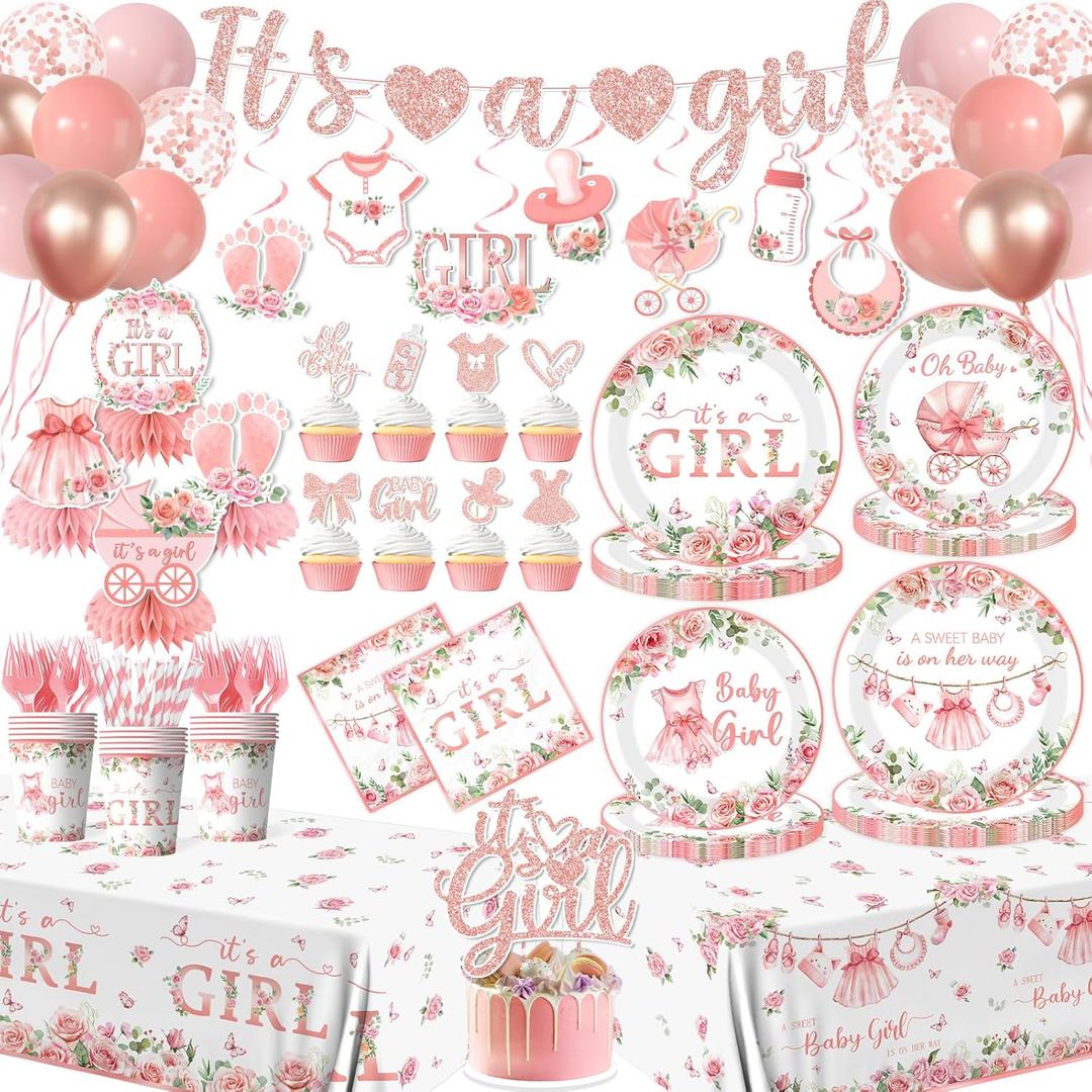 Its a Girl Baby Shower Decorations, Pink Floral Baby Shower Decorations for Girl Include Plates,Napkins,Banner,Balloons,Tablecloth,Cups,Hanging Swirl,Cake Topper,Honeycomb for Baby Girl Party Decor