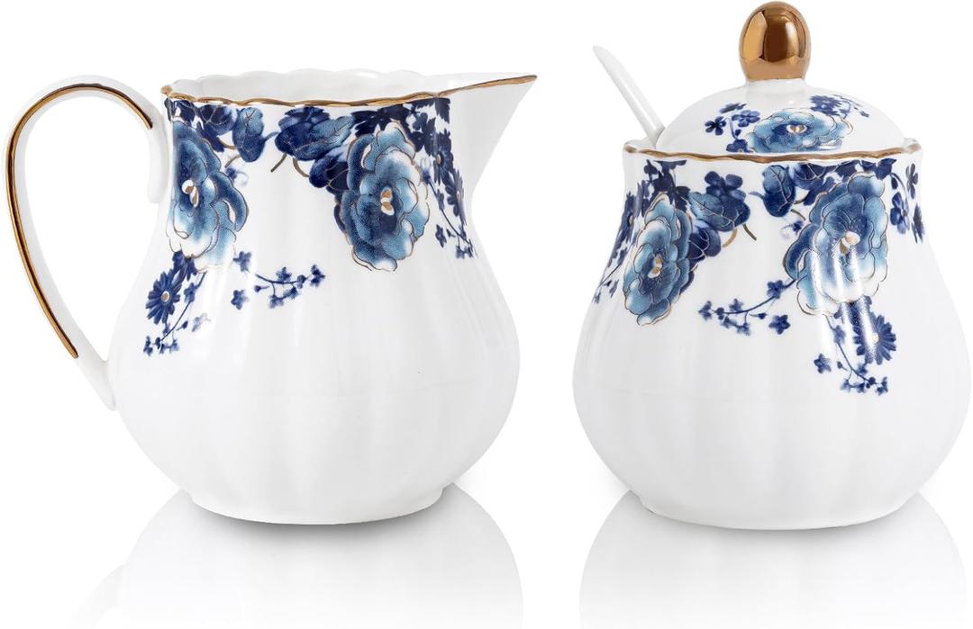 Agyiuns Ceramic Sugar and Creamer Set, 3 Piece with Cream Pitcher, Sugar Bowl with Lid and Spoon,Coffee and Tea Serving Set (White with blue flower)