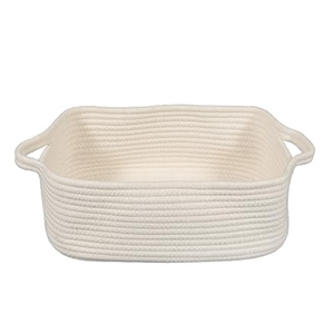 XUANGUO Woven Cotton Rope Storage Basket with Handles for Organizing Shelves Closet Small Cat Dog Pet Toy Baskets Box Bin Decorative Rectangle Baby Nursery basket Gift basket Empty(white) 