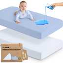 2-Pack Waterproof Pack and Play Sheets, Mini Crib Sheets Fitted for Boy, Girl - 38 x 26 Viscose from Bamboo Pack N Play Mattress Sheets for Graco, Toddler Playard Baby Crib Sheets Neutral (Blue Flax)