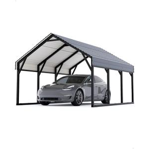 GarveeLife 10x15 ft Metal Carport, Reinforced Frame and Steel Roof for All-Weather Use, Permanent Shelter for Bass Boats, Sedans, and Tractors, Gray