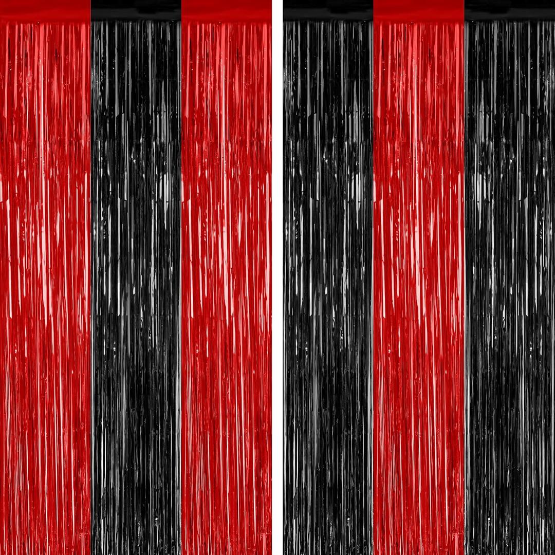 2 Pack Backdrop Curtains, 3.28 FT x 7.05 FT Black and Red Party Decor, Metallic Party Streamer Tinsel Foil Fringe Curtains, Foil Curtains Backdrop Halloween Decorations Party Supplies