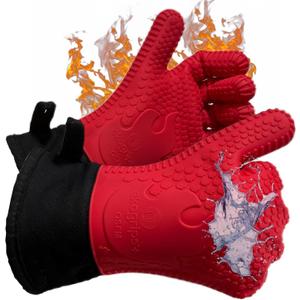 Ekogrips Plus Oven Gloves with Fingers, Comfy Waterproof Silicone Oven Mitts Heat Resistant with Long Cuff, Insulated BBQ Gloves Perfect for Grilling, Baking, Smoker, Canning, Pizza, Red, Hot Mitts (OSFM)