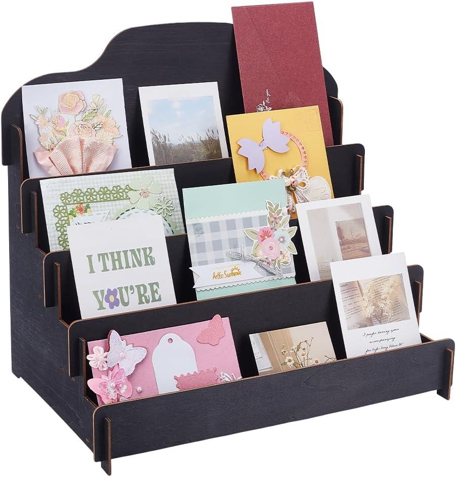 UNICRAFTALE Greeting Card Display Stand 4-Tier Black Wooden Organizer Rack Card Risers Holder for Retail Stores Sticker Holder for Postcard Brochure Photos (26.5x40x36.5cm)