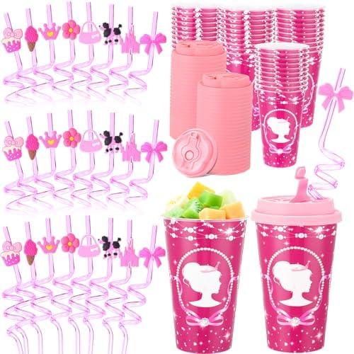 Yungyan 36 Sets Barbie Party Favors Goodie Cups with Lids and Straws for Birthday Decorations Reusable 16oz Plastic Candy Cups Plastic Straws for Birthday Party(Bee)
