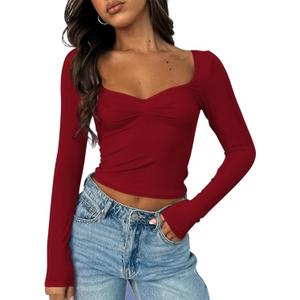 ForeFair Women's Sexy Long Sleeve Going Out Tops Pleated Bustier Shirt Cute Sweetheart Neck Y2K Cropped Top (Burgundy)