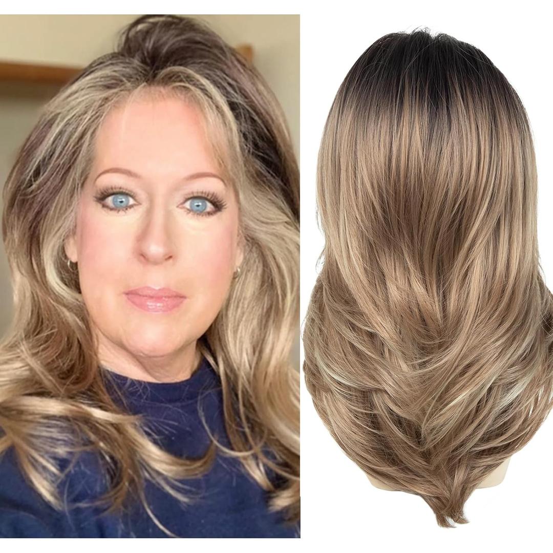 XIUFAXIRUSI XIUFAXIRUSI Long Layered Wavy Wigs for Women Synthetic Natural Hair Wig Ombre Dark Blonde Wavy Wig with Dark Roots Balayage Heat Resistant Wigs for White Women,Ombre Blonde