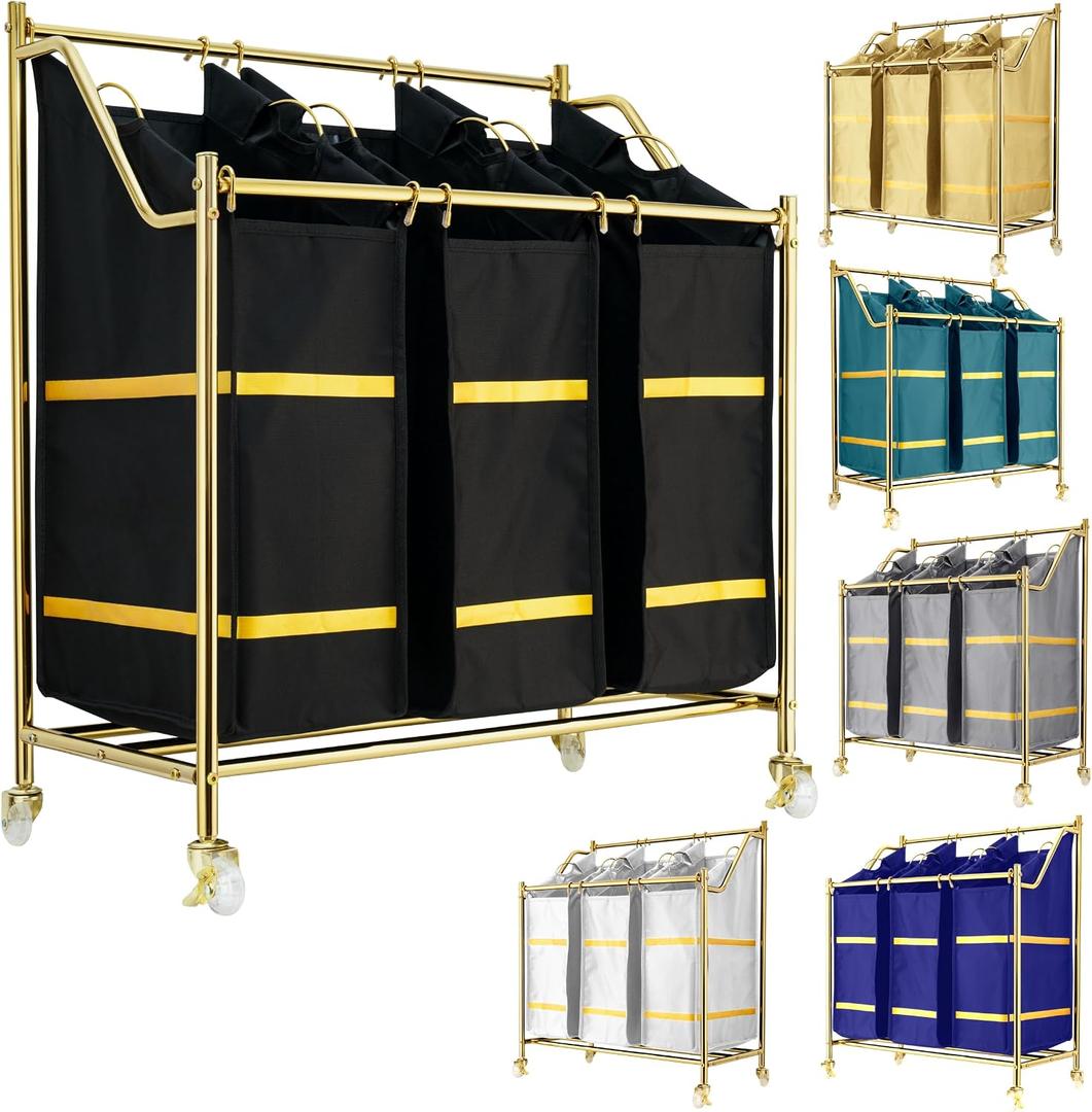 LUXURY STYLE Laundry Hamper, 3-Section Rolling Laundry Sorter Cart with Wheels, Modern Golden Hamper with 3 Bags for Clothes, Toys, and Towels, 85*73*38