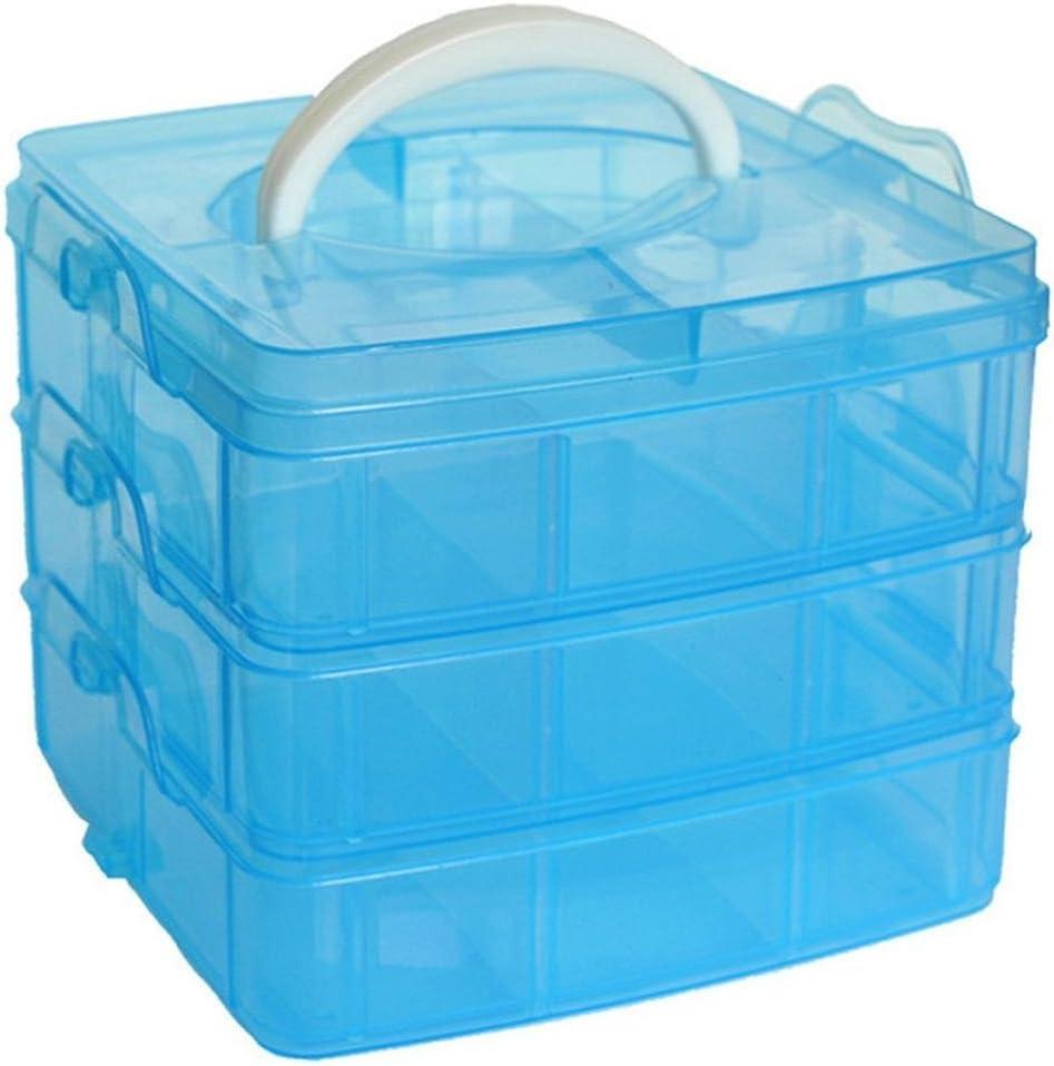 Kamay's 3-Tier Transparent Stackable Adjustable Compartment Slot Plastic Craft Storage Box Organizer Snap-Lock Tray Container 3 Sizes (Medium 18 Compartment, Blue)