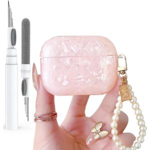 for Cute Glitter Airpods Pro 2nd/1st Generation Case with Cleaner Pen, Shell Pattern Airpods iPod Pro 2 Gen Cover Protective Skin Girl Women with Luxury Pearl Keychain 2023/2022/2019 - Pink
