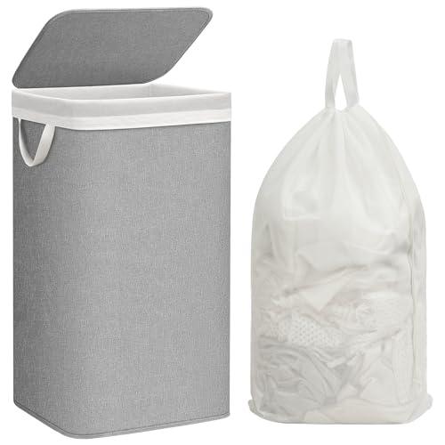 STORAGE MANIAC Metal Frame Laundry Hamper with Lid, 90L Tall Laundry Baskets with Removeable Bag, Large Clothes Hamper with PU Tag, Laundry Bin for Dorm, Collage, Bathroom, Bedroom, Gray