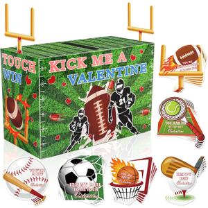 Valentines Boxes for Kids Football Valentine Mailbox Kit with 30 Pcs Football Basketball Baseball Sports Cards for School Classroom Boys Girls Gift Exchange Party Supplies