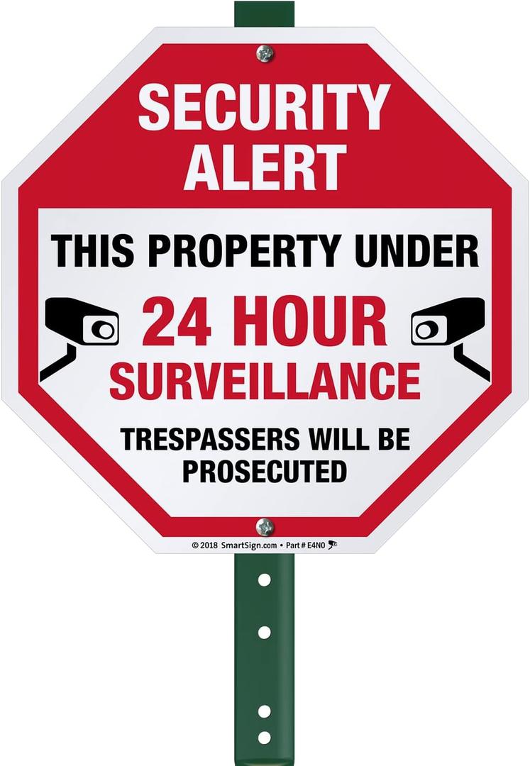 SmartSign 10" x 10" 'Security Alert Property Under 24 Hour Surveillance, Trespassers Prosecuted' Yard Sign with 3 ft Stake, 40 mil Laminated Aluminum, Red/Black/White, Set of 1, USA-Made