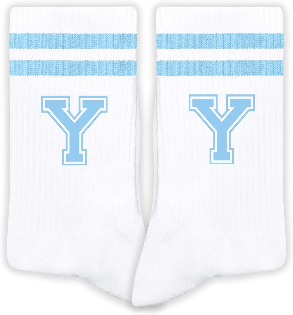 Blue And White-Striped Letter Socks, Sports Socks For Men, Blue Team socks, Friends And Family, Birthday Gift.(Y)