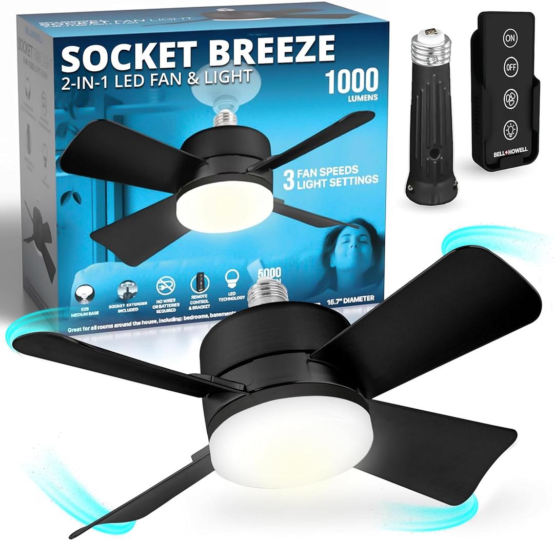 Bell+Howell Socket Breeze Socket Fan Light with Remote, Portable Small Ceiling Fans with Lights for Bedroom, Kitchen, Living Room, Ceiling Fan with Light 3500K, 1000 Lumens, Screws into E26/E27 (Black)