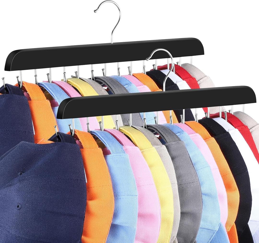 Hat Hangers for Closet, 2 Pack Hat Organizer for Baseball Caps with 14 Hooks Space Saving Hat Racks Ball Caps Hat Holder Organizer Tie Belt Hanger for Closet Storage Solution (Black)