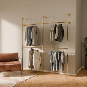 pamo Industrial Pipe Clothing Rack Gold - 660 lbs Capacity - Wall Mounted Clothes Rack and Walk In Closet for Wardrobe (2, No Shelf)