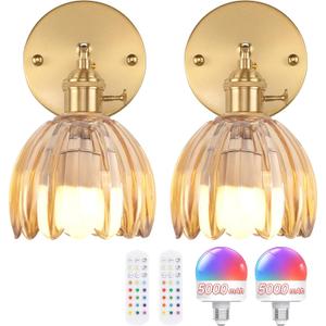 Vintage Battery Operated Wall Sconce with Amber Tulip Glass Lampshade 5000 mAh Rechargeable Battery Powered Wall Light with Remote Control for Bedside Bedroom Doorway, Set of 2