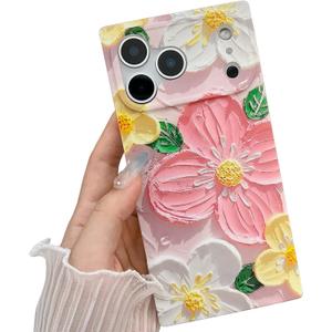 KERZZIL Elegent Girly 3D Flower Compatible with iPhone Rectangle Edge Case, Cute Floral Pattern Slim Soft TPU Protective Bumper Cases Cover(Pink,17 Pro)