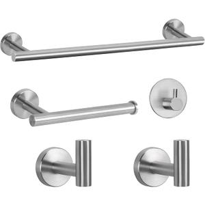 Brushed Nickel Bathroom Accessories Set - 3 Piece Round Stainless Steel Bath Hardware Accessory Including Towel Rack&Toilet Paper Holder&Towel Ring&Robe Towel Hook for Bathroom Wall Mounted
