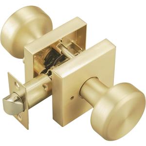 Satin Brass Door Knobs with Square Rosette, Interior Door Handles for Bath & Bed, Heavy Duty Door Knob with Lock (1)