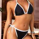 Tempt Me Women Plus Size Triangle Bikini Sets String Two Piece Halter Swimsuits with Tie Side Bottom (Black, L)