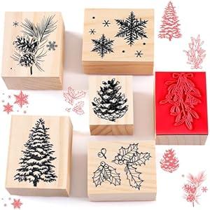 Watersay 6 Pcs Christmas Rubber Stamp Set Merry Christmas Wooden Rubber Stamp Snow Tree Stamps Vintage Wooden Rubber Art Stamps for Crafting and DIY Scrapbooking Card Making Hand Book(Pattern)