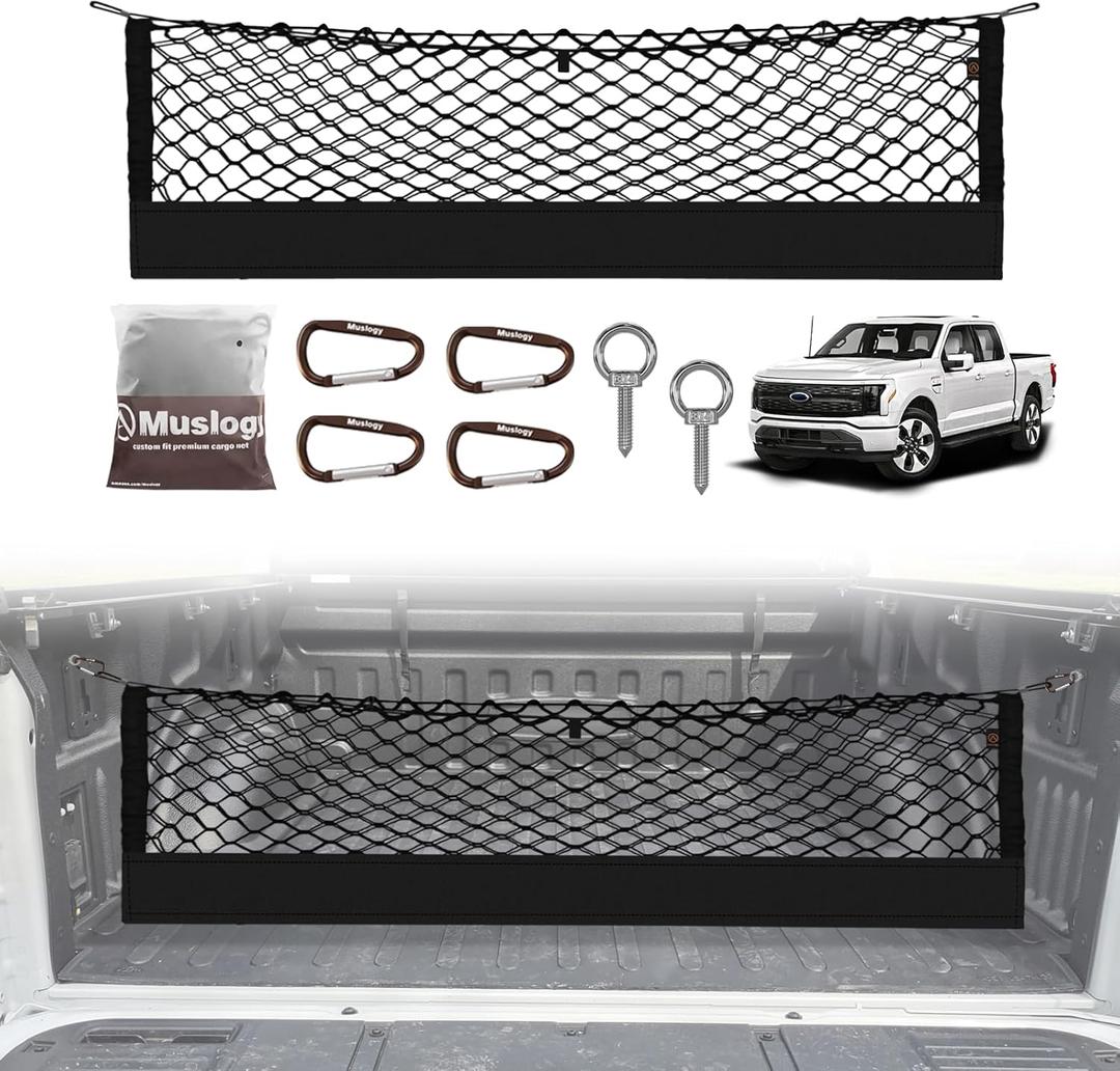 Muslogy Truck Bed Cargo Net Compatible with Ford F-150 & Lightning 2015-2025, Accessories Storage Organizer Pickup Truck Bed Envelope Style Cargo Net with Heavy Duty Carabiners