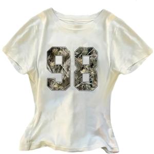 RoseSeek Girl's Number Graphic Tees Camo Print Short Sleeve Casual Summer T Shirts (White)